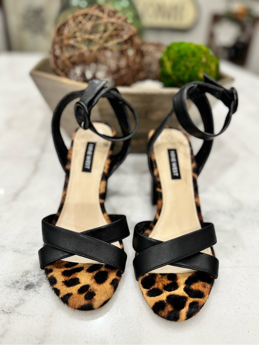 Nine West Black Ankle-Strap Sandals with Leopard Print Toe